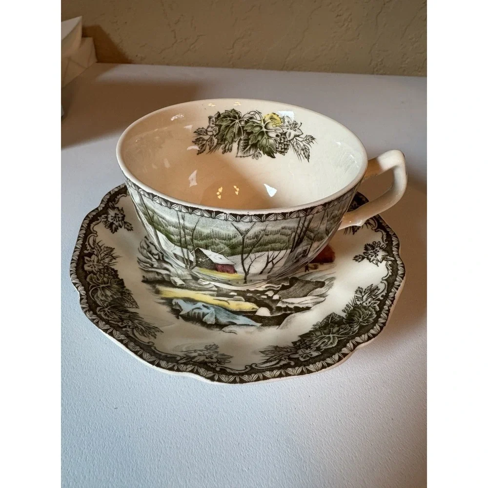 Vintage Set of 2 Johnson Bros Friendly Village Teacup Saucer Ice House England